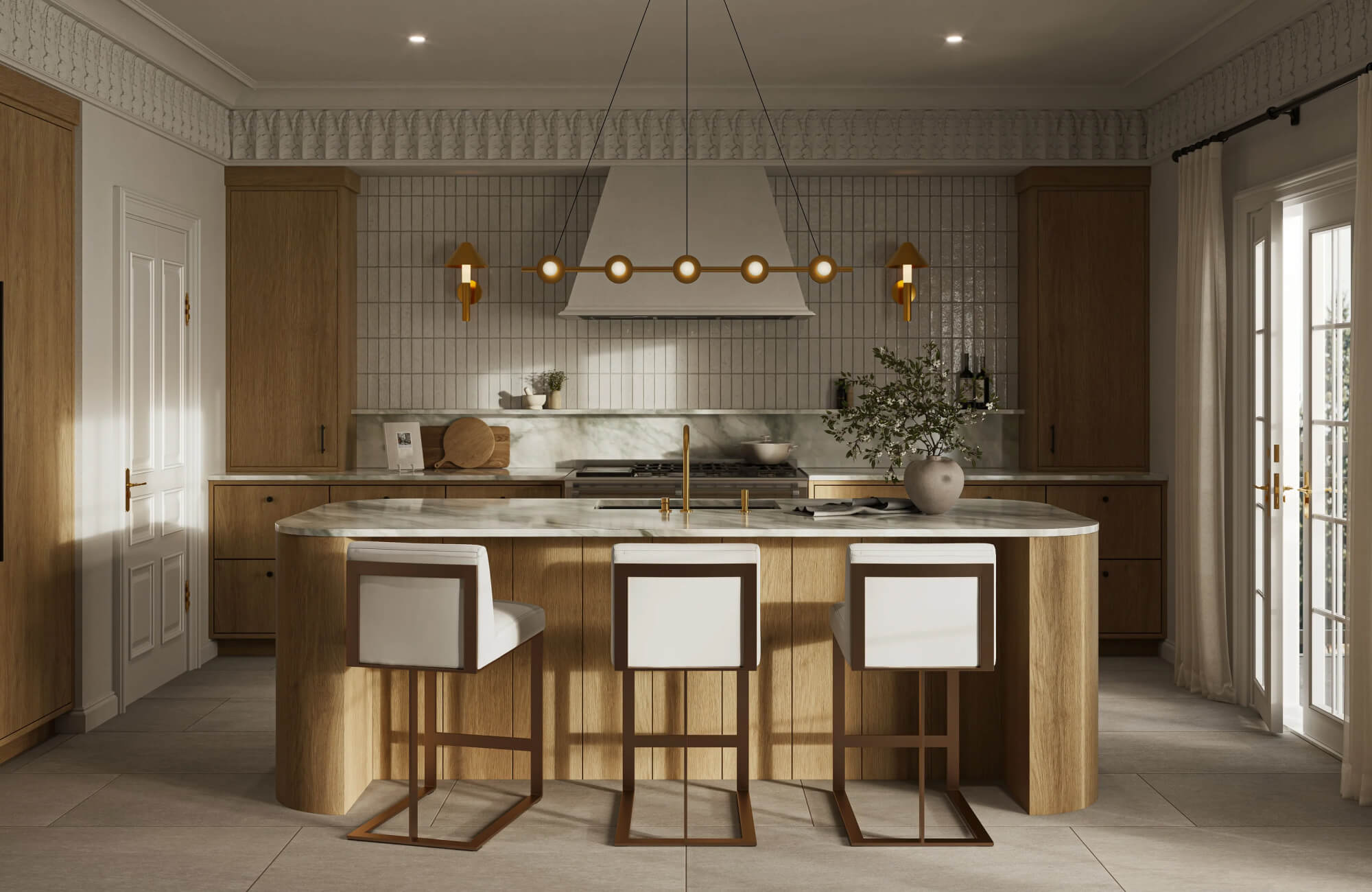 Timeless kitchen with warm wood cabinetry, marble island, classic pendant lighting, and balanced symmetry for an elegant layout.