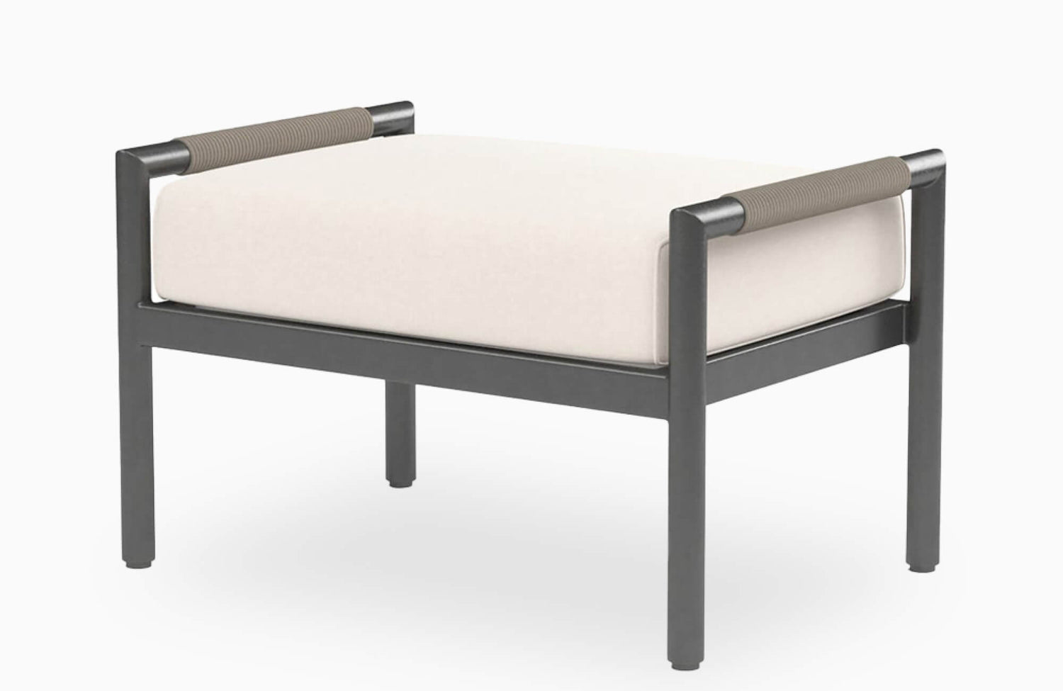 Minimalist outdoor ottoman with soft neutral cushion and sleek frame, perfect as a footrest or additional seating for contemporary outdoor living areas
