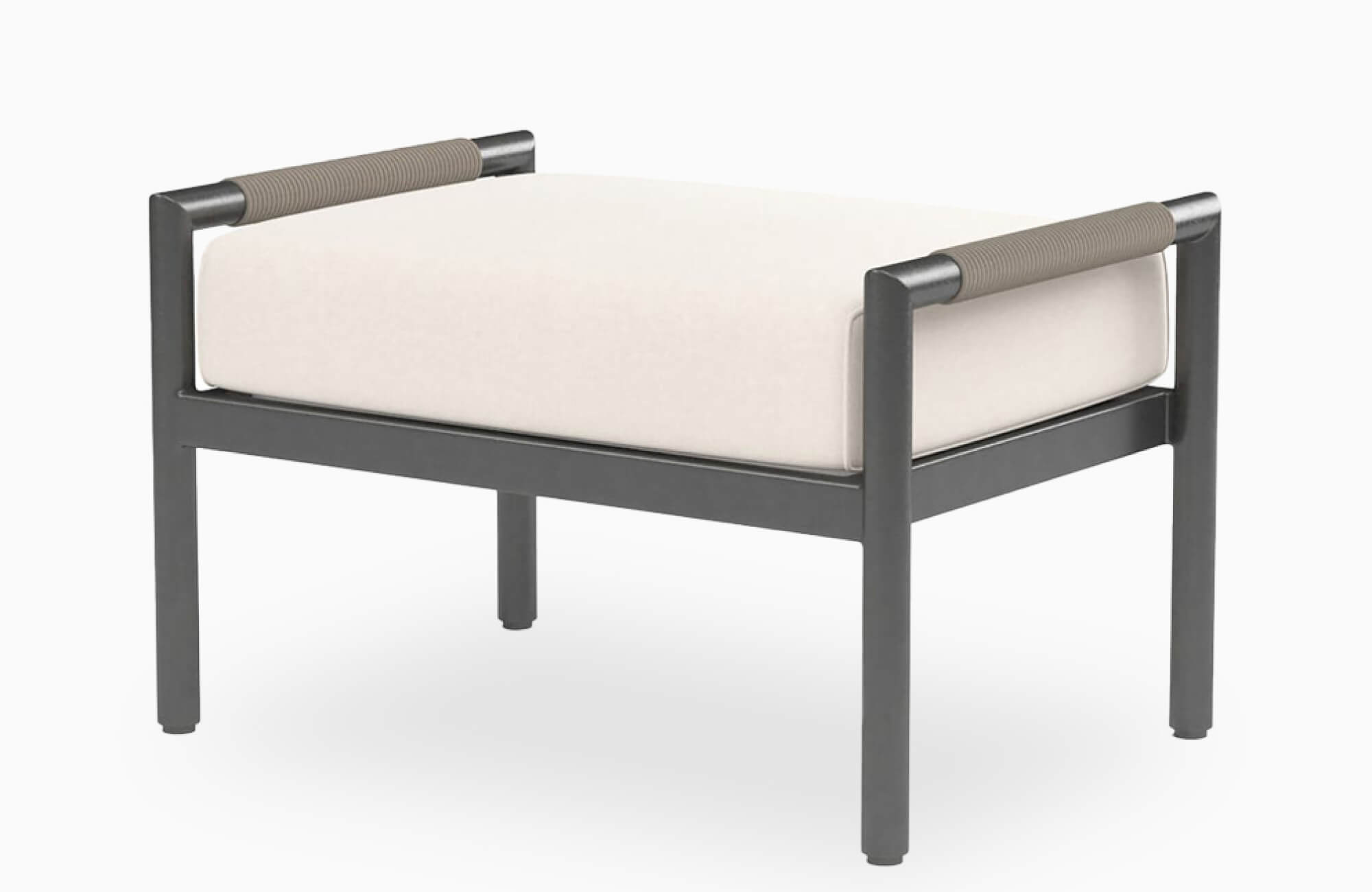 Minimalist outdoor ottoman with soft neutral cushion and sleek frame, perfect as a footrest or additional seating for contemporary outdoor living areas