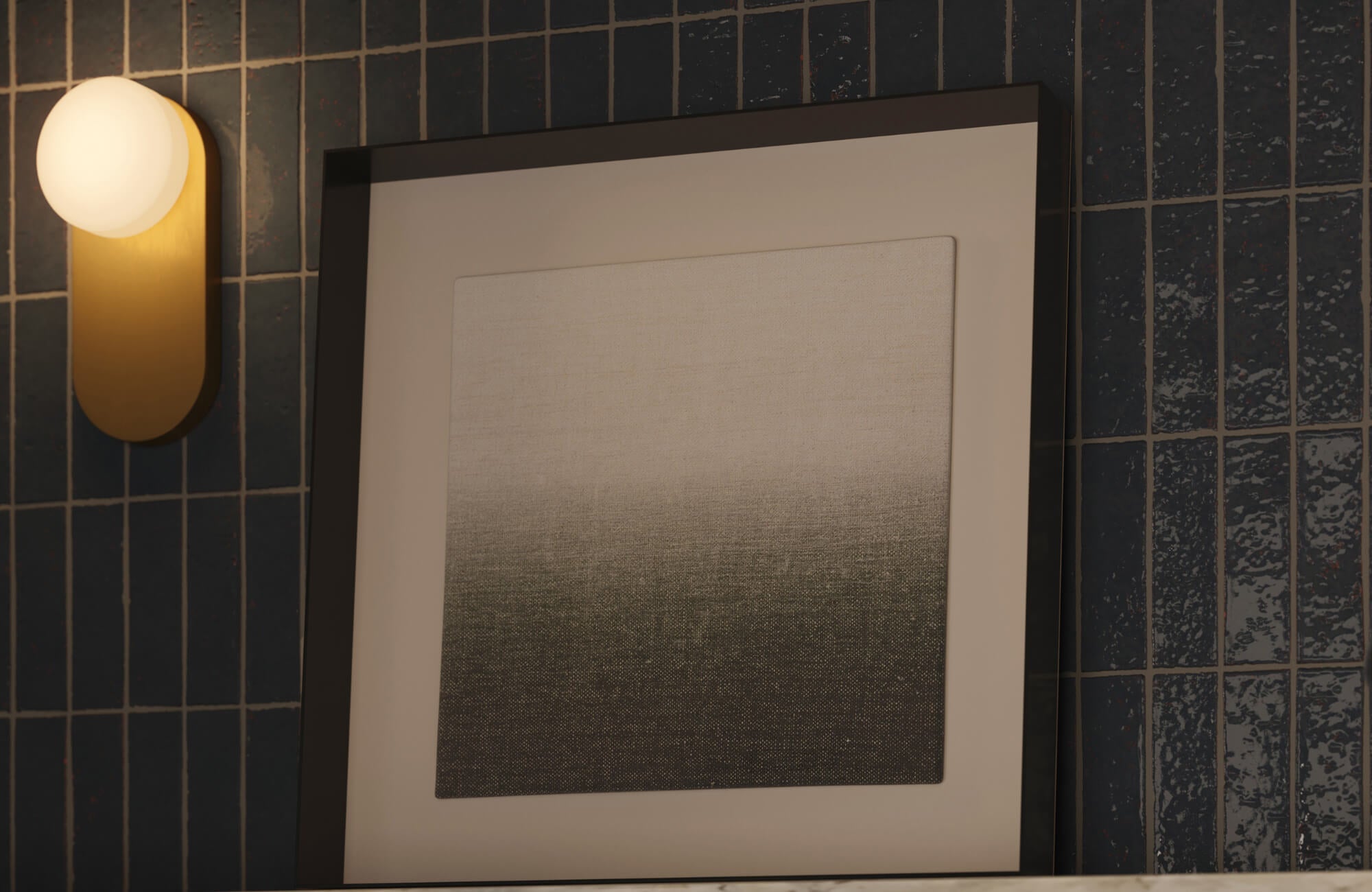 Modern wall sconce in brass beside framed abstract artwork on deep blue tiled wall, creating ambient lighting and architectural depth.
