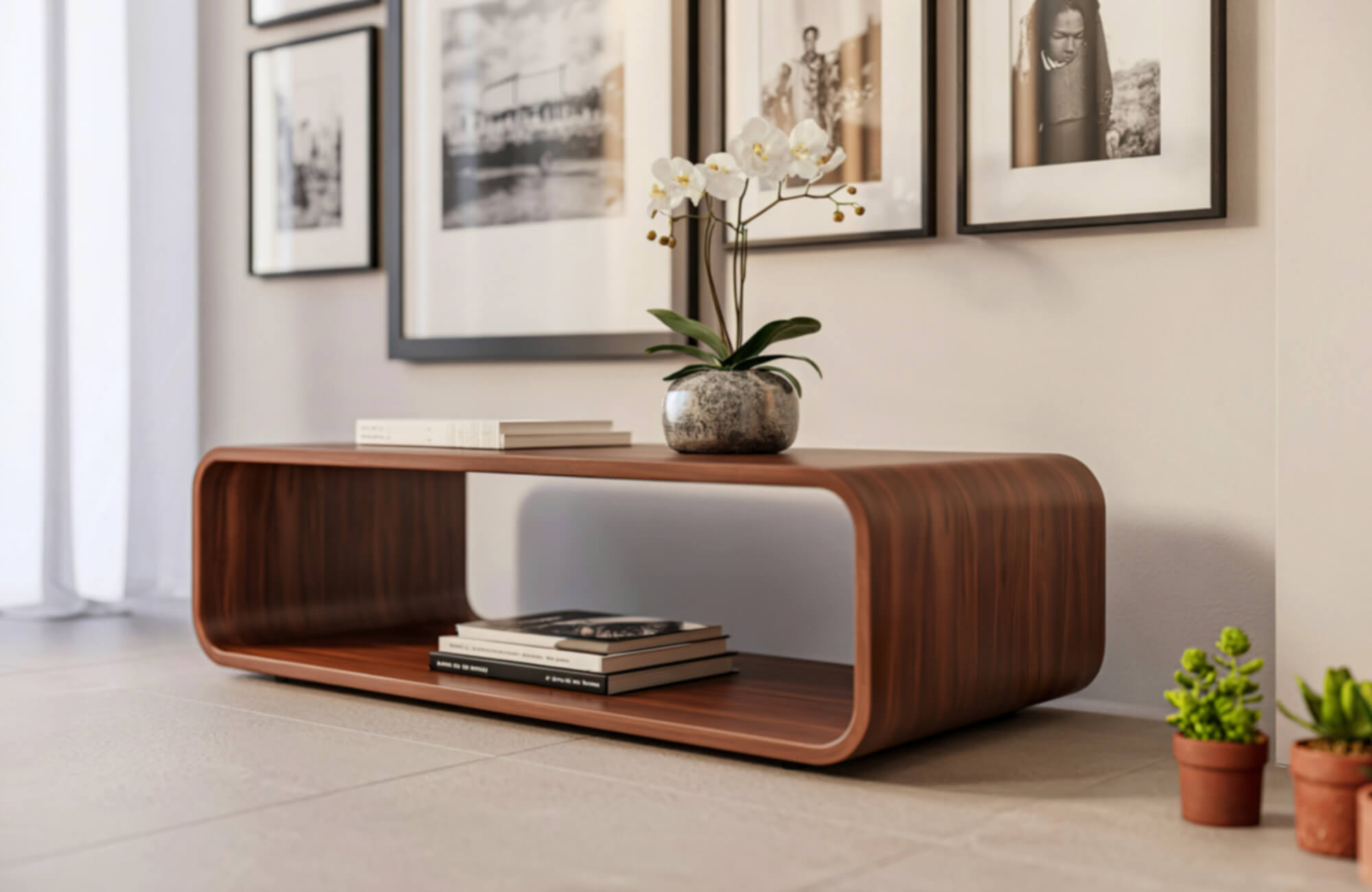 Curved wood console table styled with books and orchid beneath a gallery wall of framed black and white art in a modern entryway.