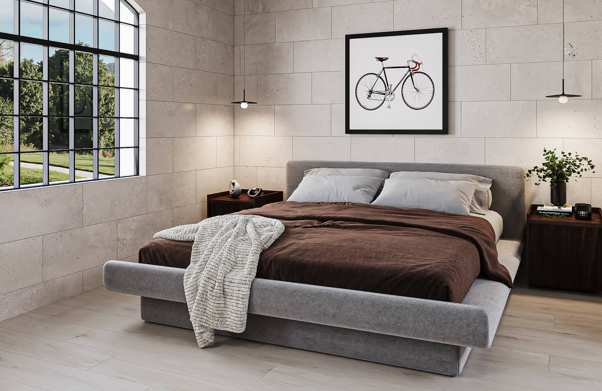 Modern bedroom with pale wood look tile flooring, concrete-look tiled walls, a gray upholstered bed, brown bedding, black-framed windows, and minimalist pendant lights.