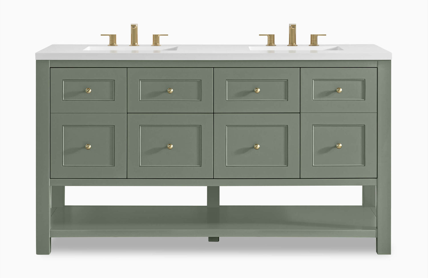Sage green double-sink vanity with brass hardware, white countertop, and shaker-style drawers for elegant bathroom storage.