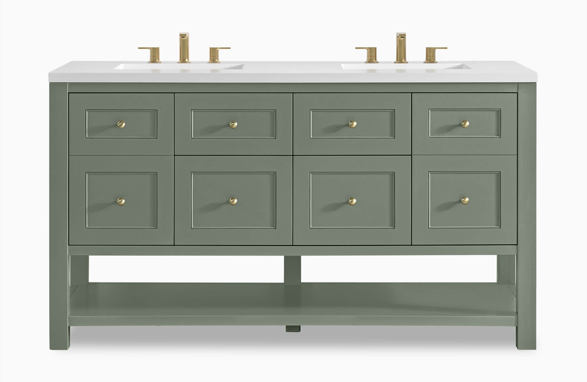 Sage green double-sink vanity with brass hardware, white countertop, and shaker-style drawers for elegant bathroom storage.