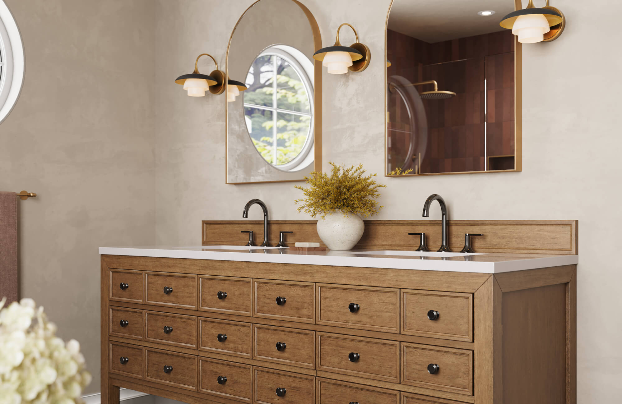 Elegant bathroom vanity with warm wood cabinetry, arched mirrors, and matte black fixtures.