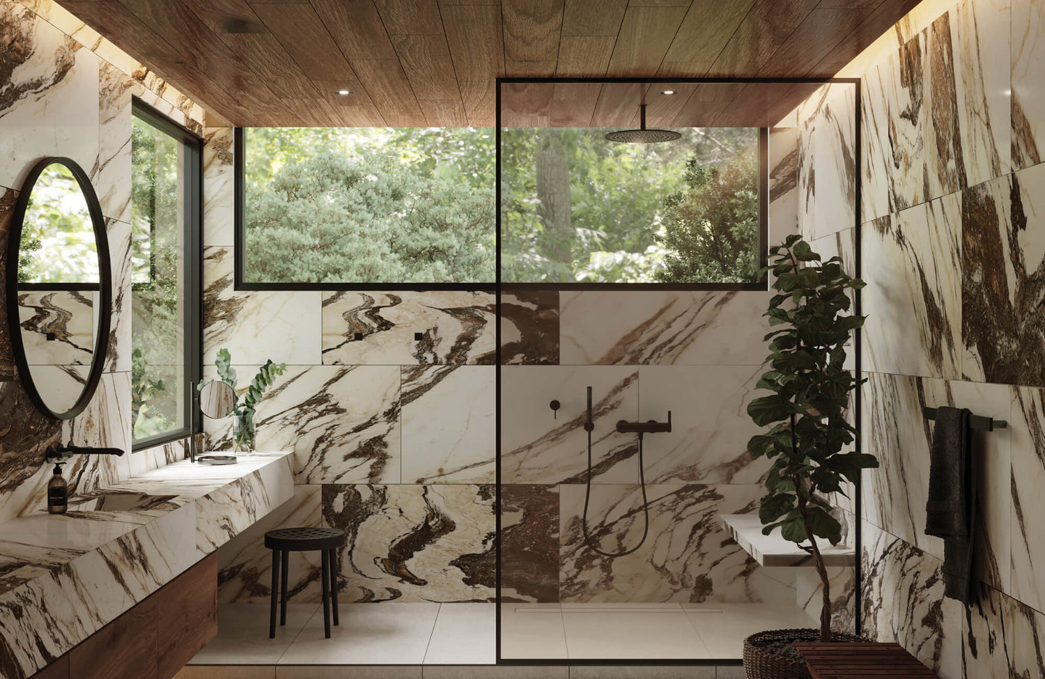 Modern bathroom with large brown and white marble-look tiles, glass shower, wood ceiling, and natural light from a wide window.