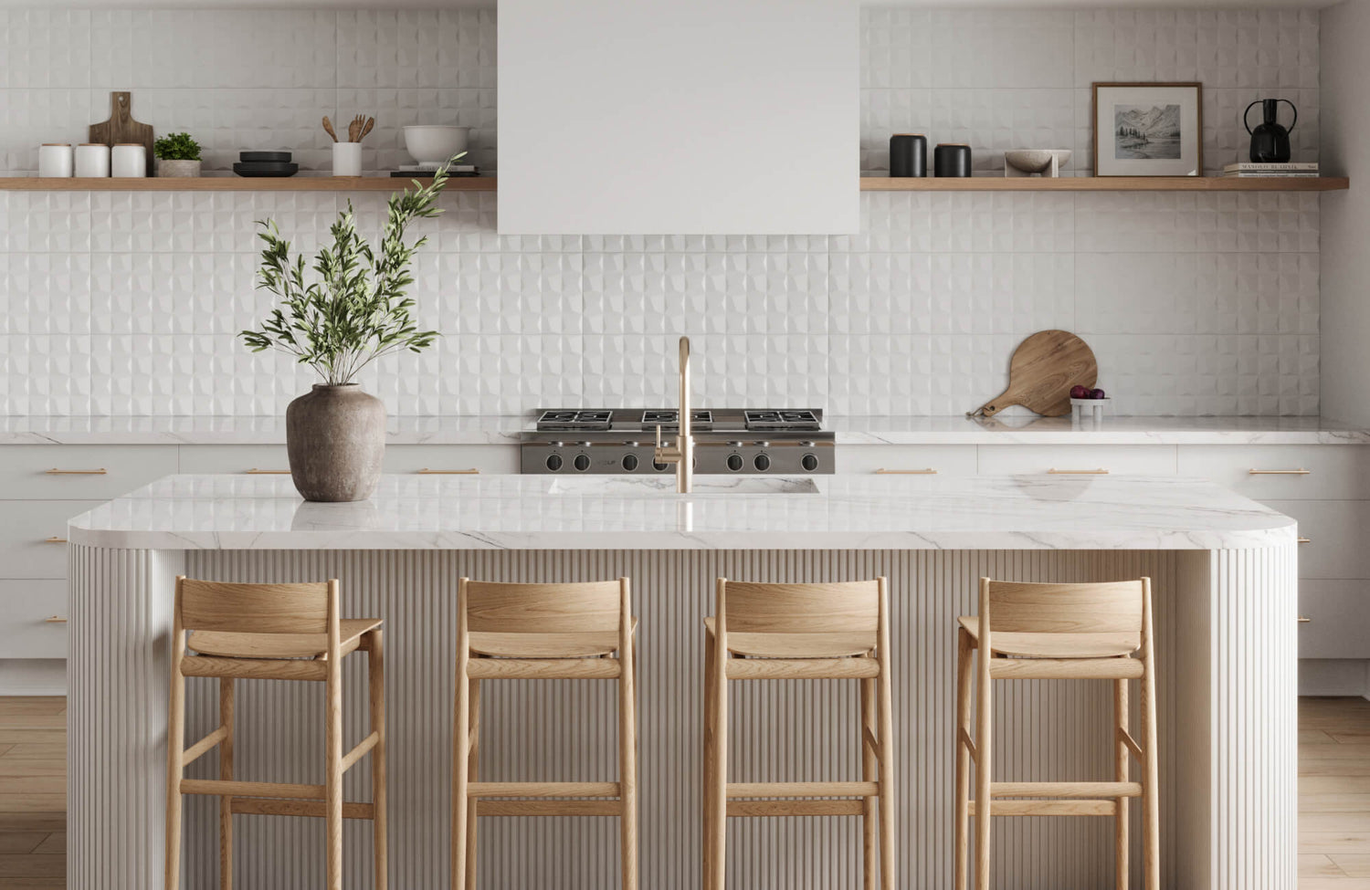 Textured white geometric ceramic tiles create a sleek, modern backsplash in this light-filled minimalist kitchen.