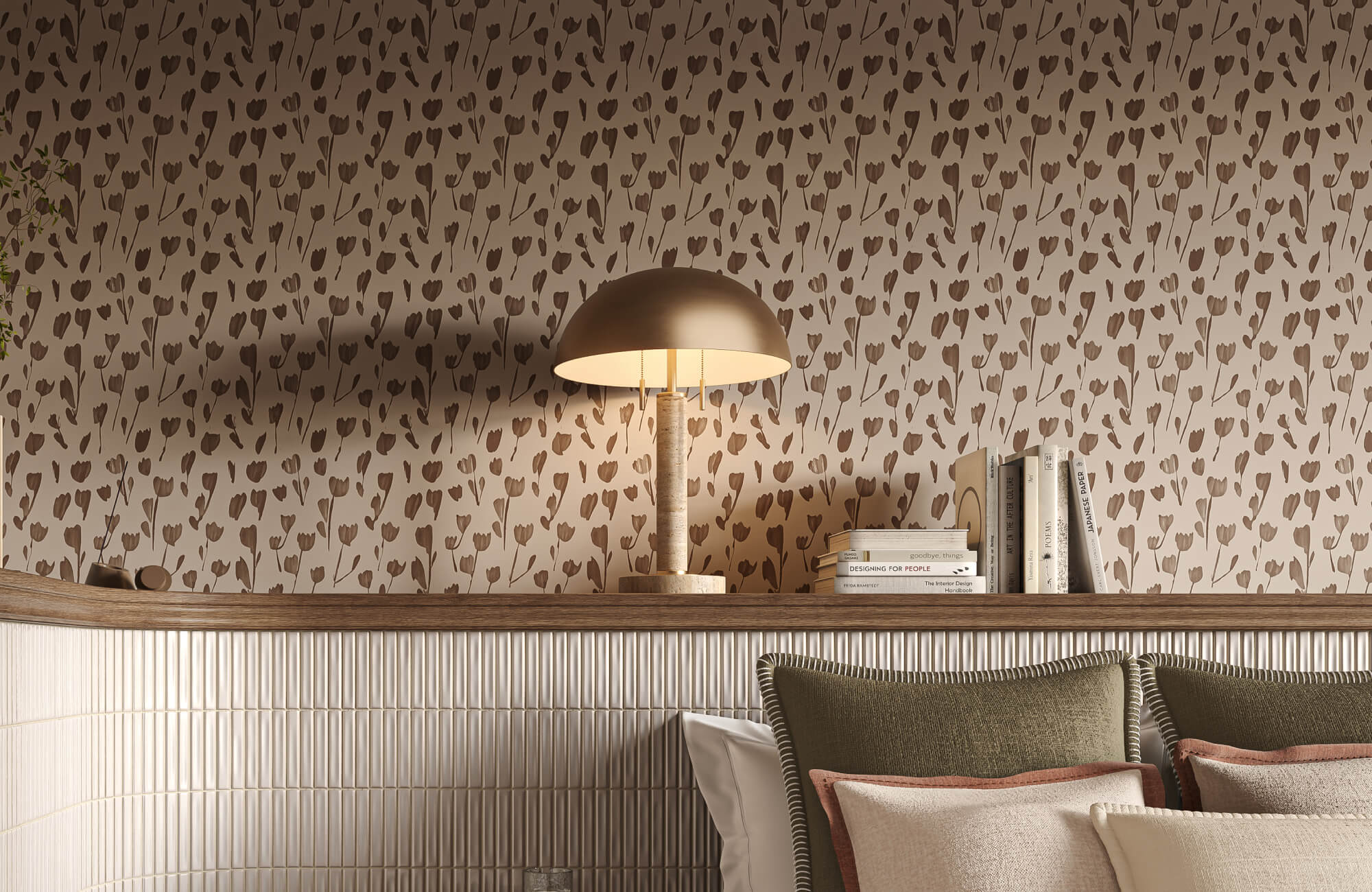 Flower wallpaper for modern interiors in a warm neutral palette, featuring a delicate repeating floral pattern styled with layered bedding, textured wall panels, and a sculptural table lamp.