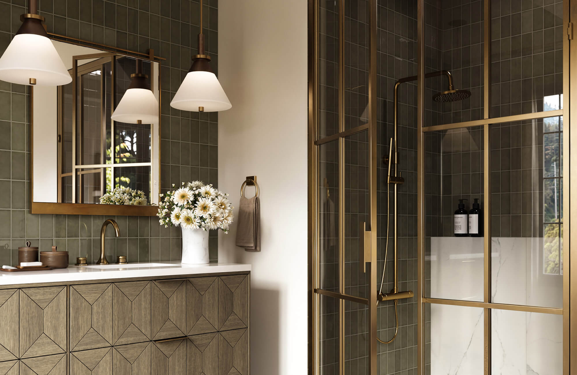 Modern bathroom with patterned tile floor, wood vanity, brass fixtures, and glass shower enclosure creating a warm, layered look.