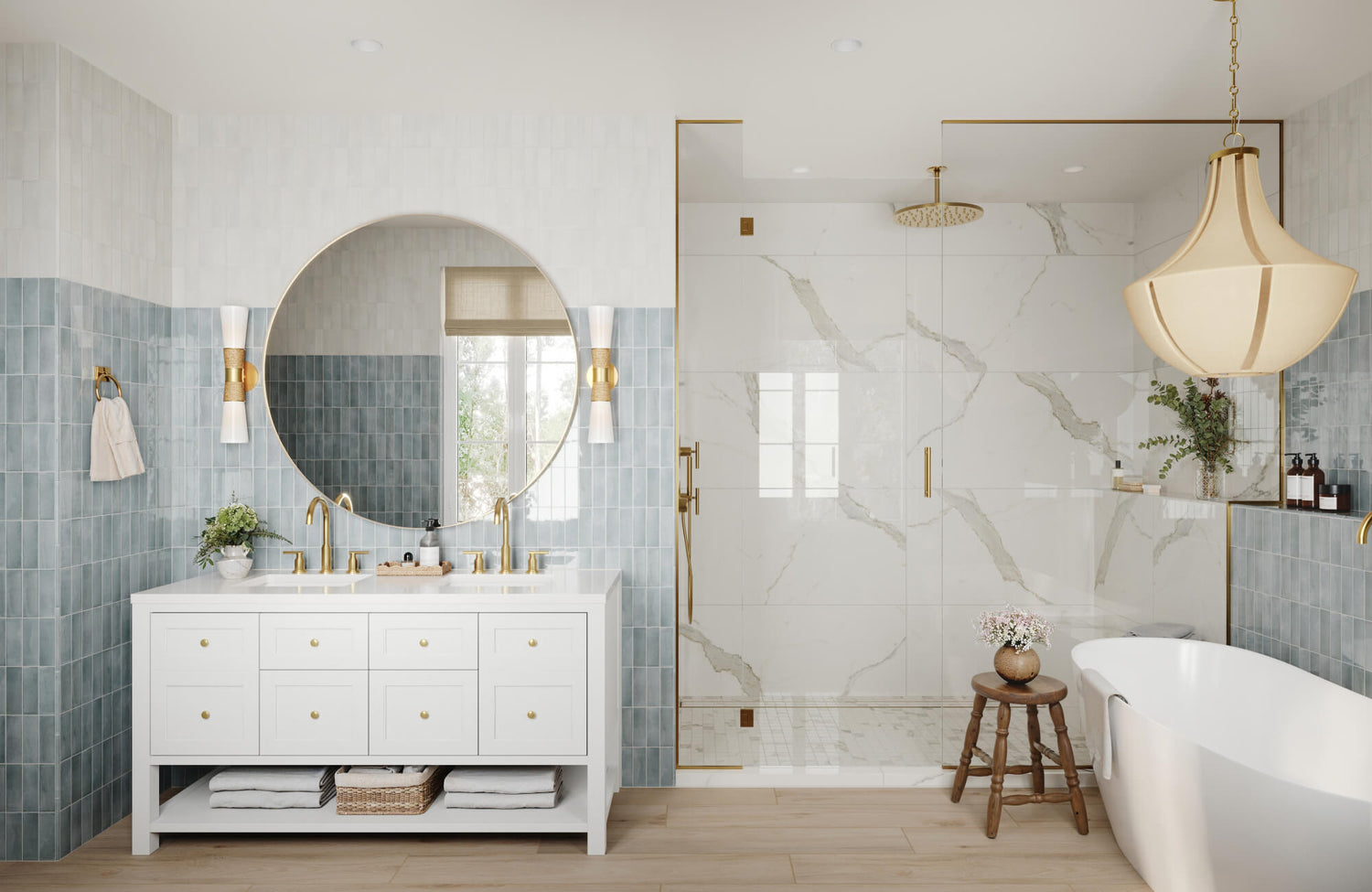 Elegant bathroom featuring glossy sky-blue wall tiles paired with large white marble shower tiles veined in soft gray.