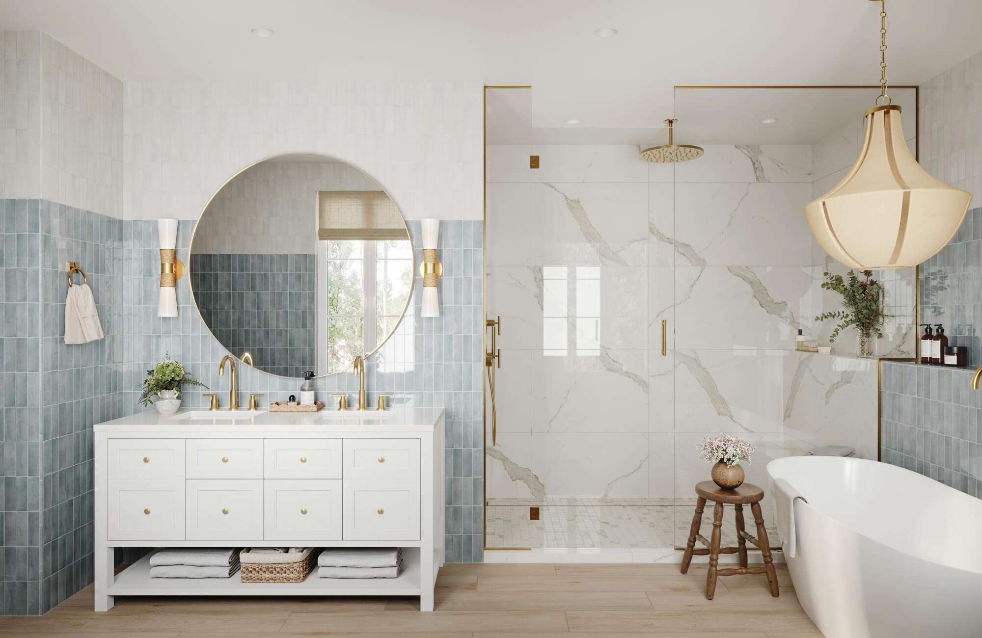Elegant bathroom featuring glossy sky-blue wall tiles paired with large white marble shower tiles veined in soft gray.