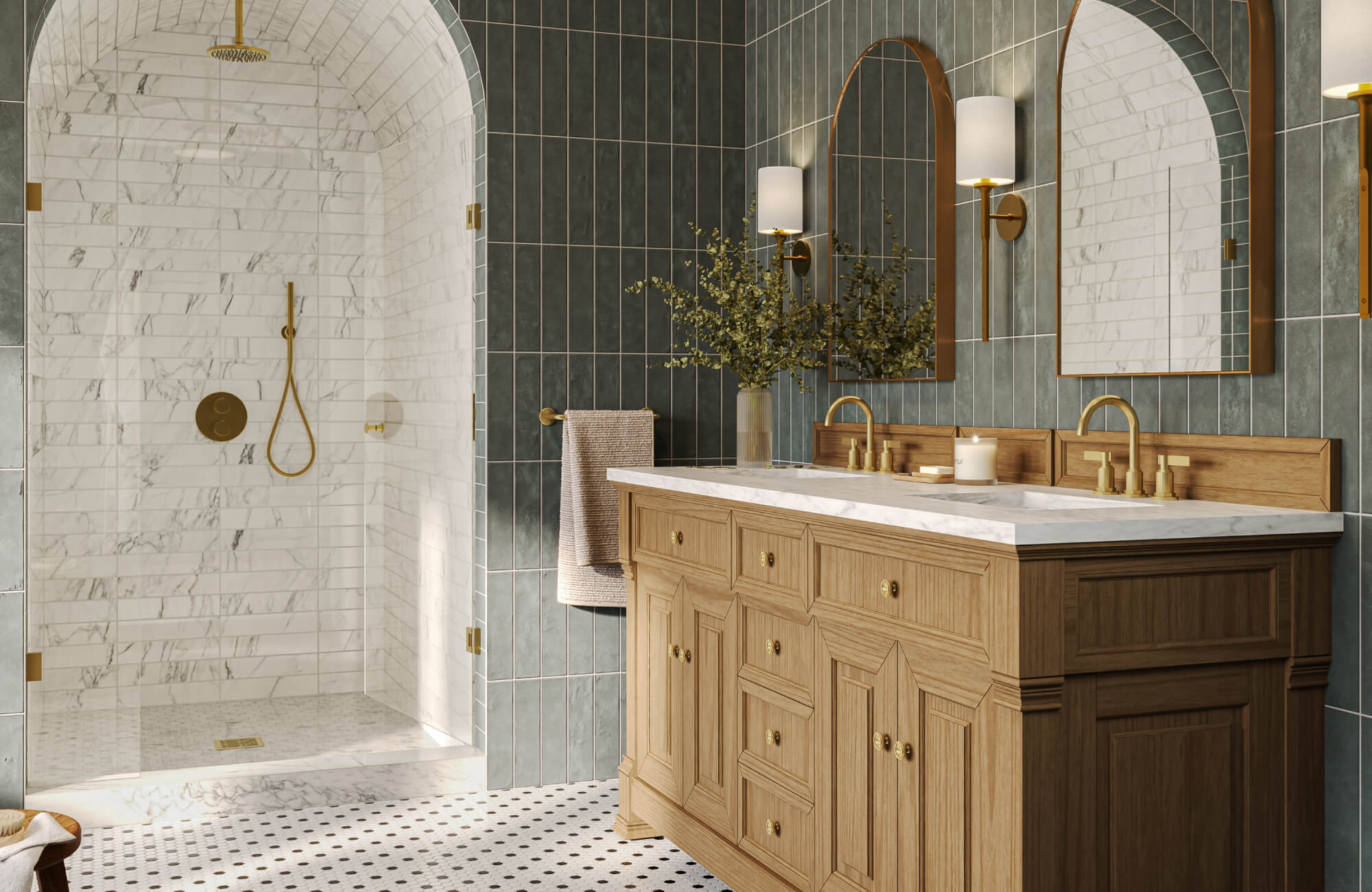 Popular vertical green bathroom wall tiles paired with marble shower tiles and penny round mosaic floor tiles in a modern space