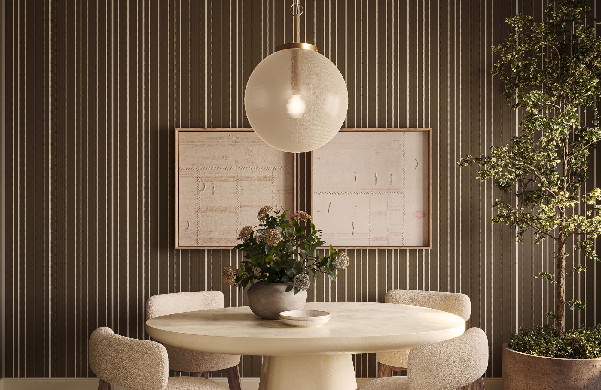 Modern dining room with vertical striped wallpaper, round stone table, boucle chairs, globe pendant, wall art, and potted tree.