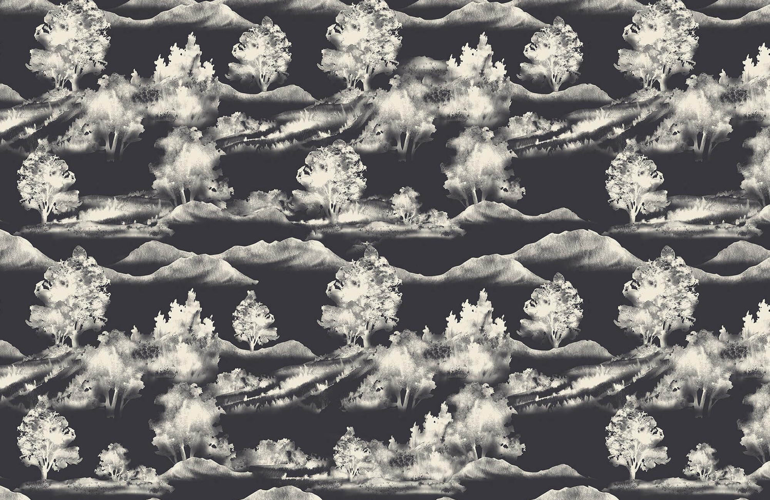 Monochrome scenic wallpaper with trees and mountains in repeating pattern, creating a dramatic and artistic landscape design backdrop.