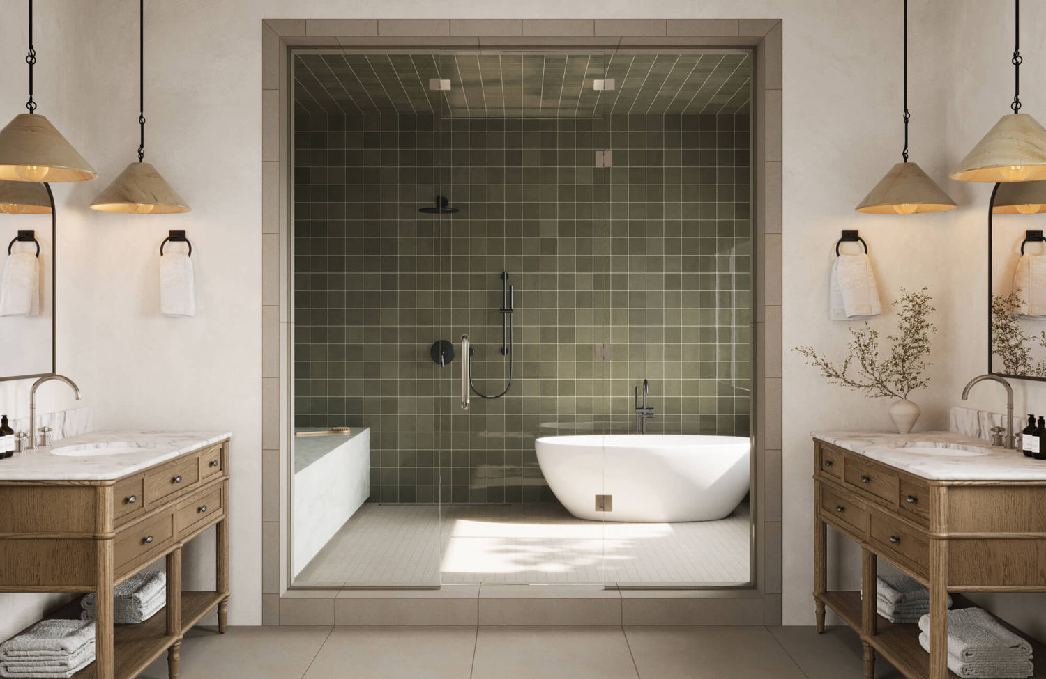 Spacious walk-in shower with green square tiles and a freestanding tub, featuring warm lighting and double vanities.