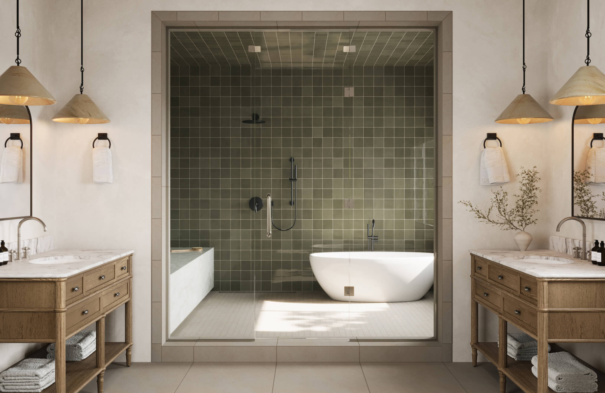 Spacious walk-in shower with green square tiles and a freestanding tub, featuring warm lighting and double vanities.