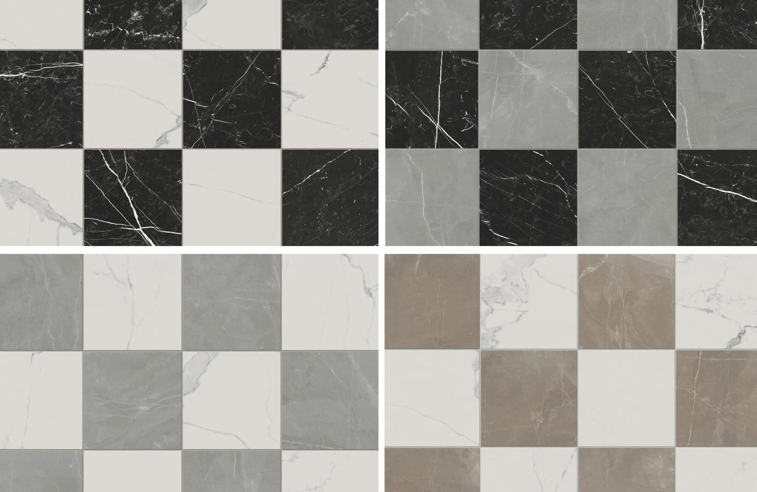Classic marble look checkerboard tile patterns in black, gray, taupe, and white, featuring natural veining for timeless elegance.