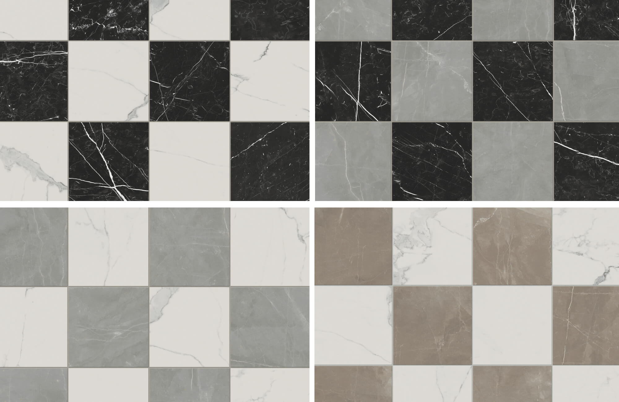 Classic checkerboard tile patterns in black, gray, taupe, and white, featuring natural veining for timeless elegance.