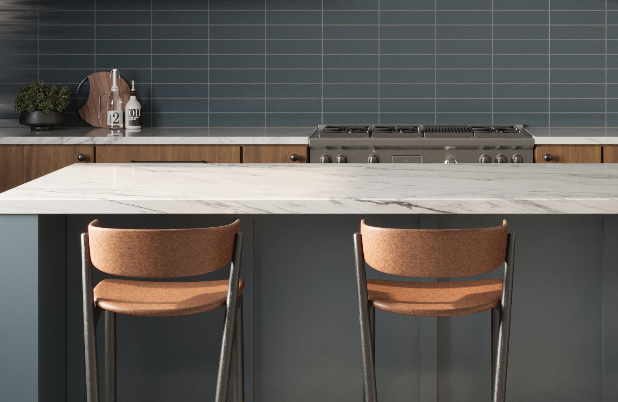 Kitchen island with marble countertop and blue tile backsplash, paired with wood cabinetry.