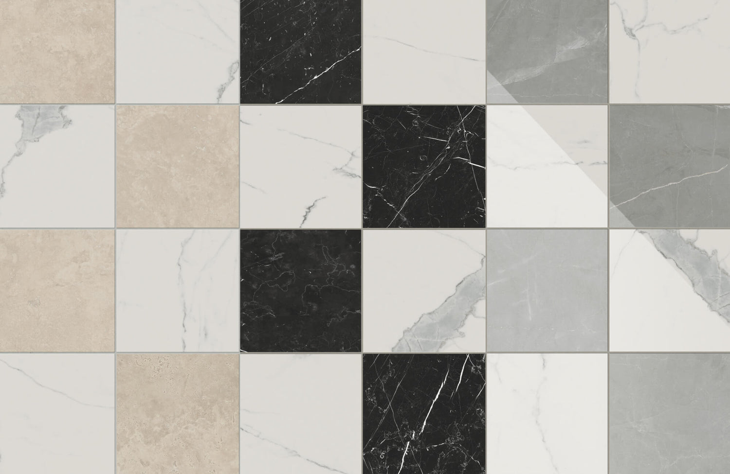 Checkerboard tile samples featuring white, beige, black, and grey marble tones for varied design pairings.