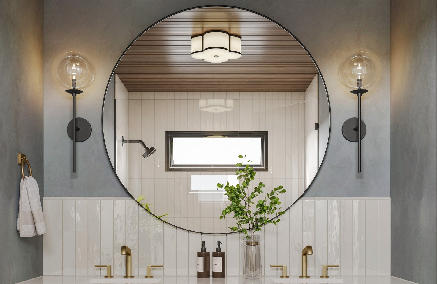 Large round mirror in matte black frame reflecting white tile and wood ceiling in a modern double vanity bathroom.