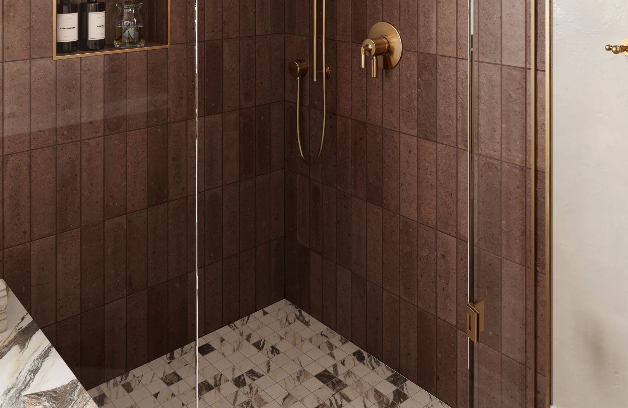 Elegant shower with rich brown textured wall subway tiles, a marble mosaic floor, and brass fixtures, creating a warm and sophisticated ambiance.