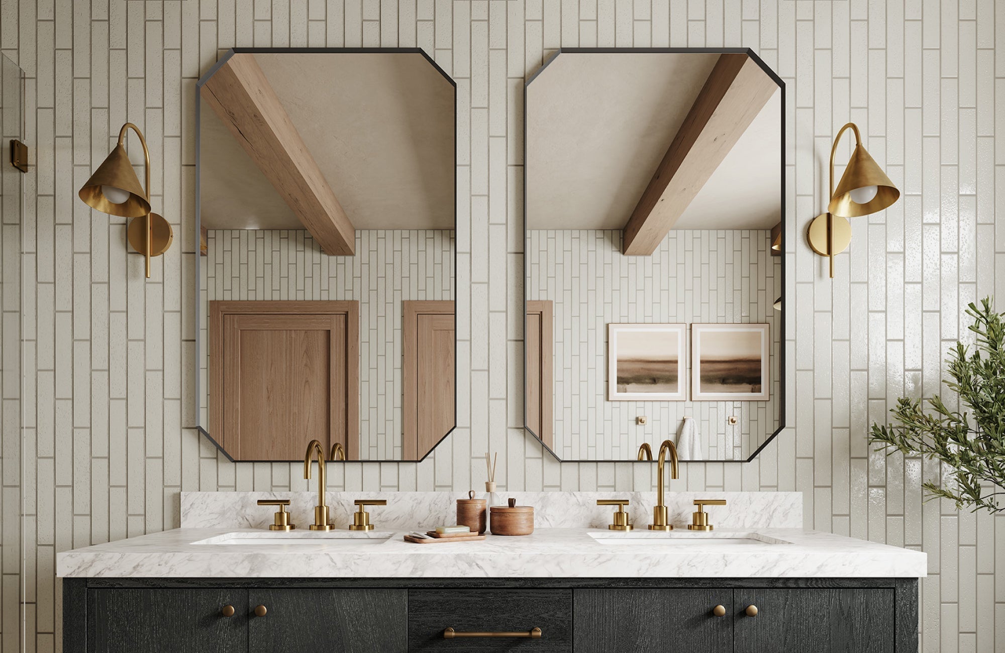 Black mirrors above a double vanity with white tile walls and gold fixtures, highlighting contrast with warm accents.