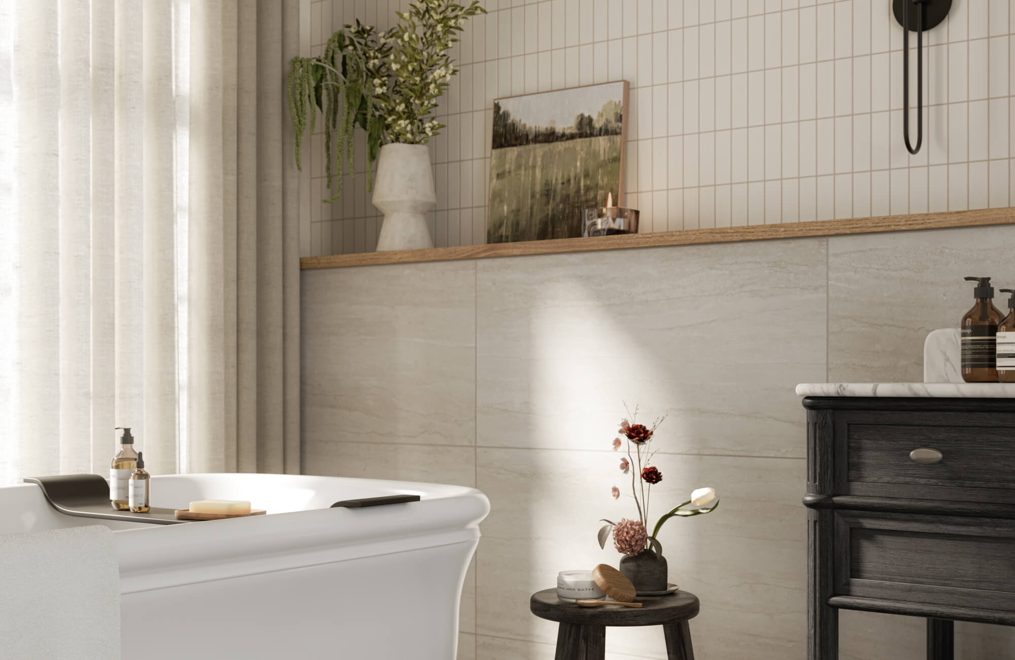 Modern bathroom tile in soft beige tones with a subtle natural stone texture, bringing warmth and elegance to the serene spa-like space.