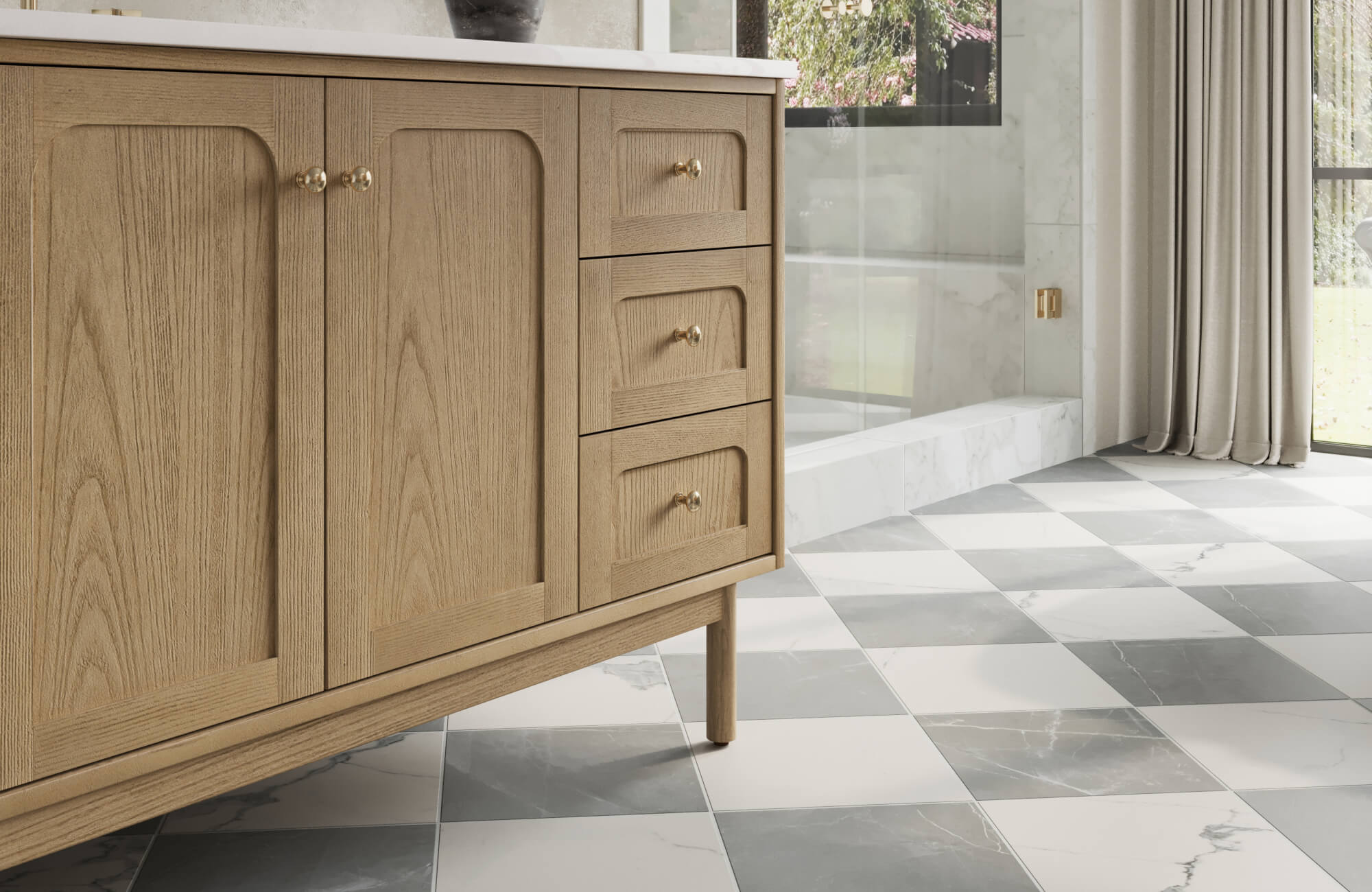 Checkerboard marble-look porcelain floor tiles paired with a light oak wood vanity in a luxurious, natural-toned bathroom setting
