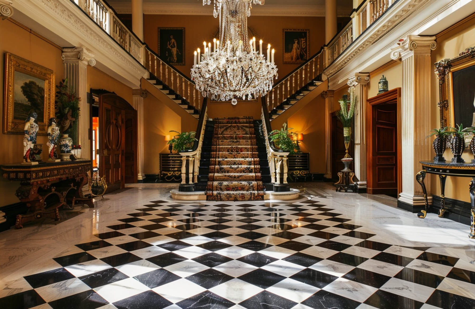 Luxurious entrance hall featuring a grand staircase, a glittering crystal chandelier, and polished black-and-white checkerboard flooring.
