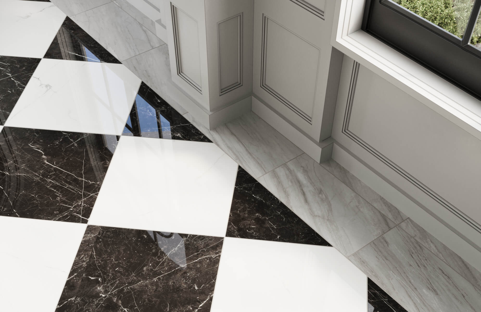 Close-up of polished black and white checkerboard marble look floor tiles with elegant paneling and a window reflecting natural light