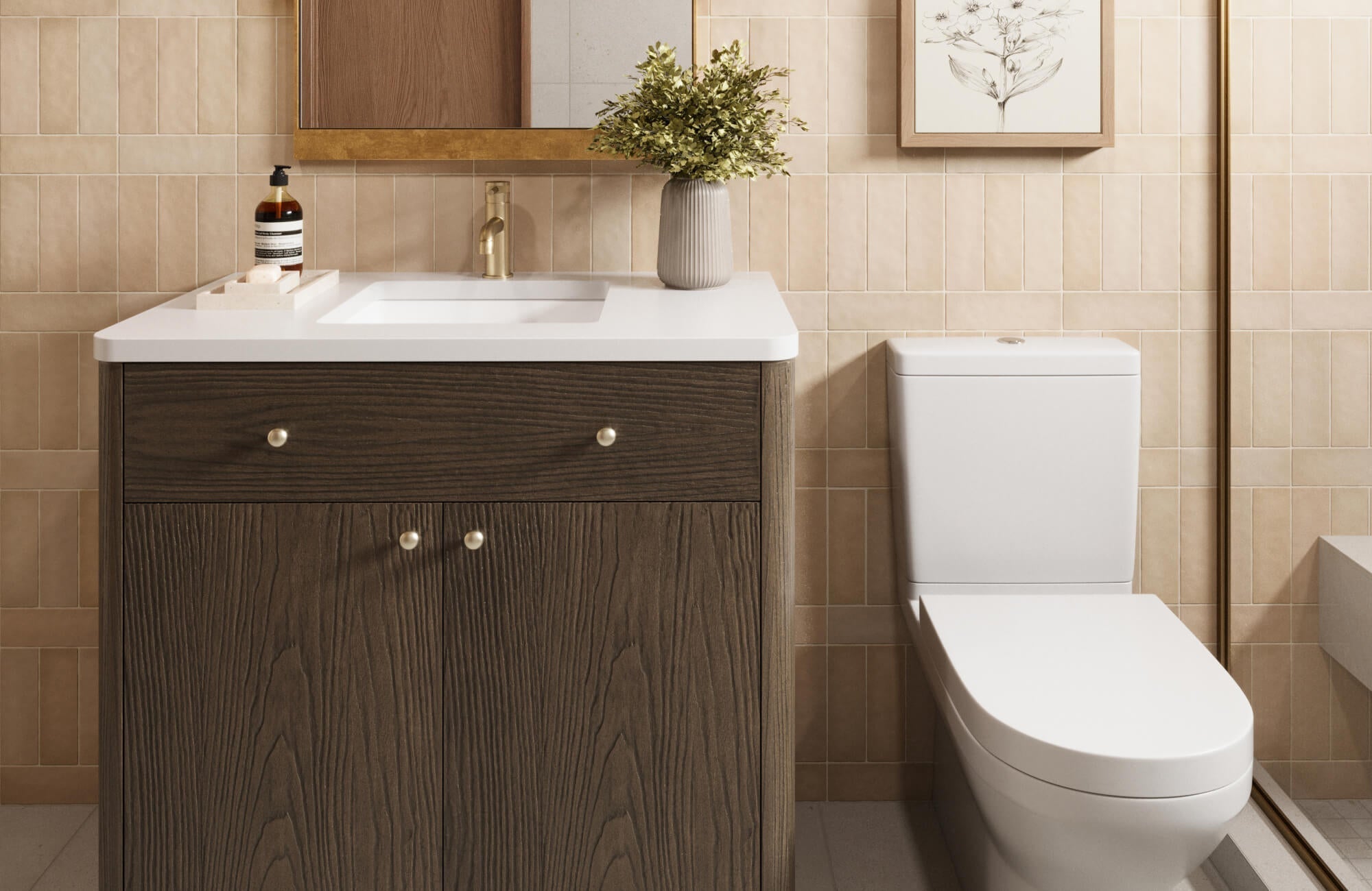 Neutral ceramic wall tiles enhance a modern bathroom with a wood vanity, brass accents, and minimalist fixtures.