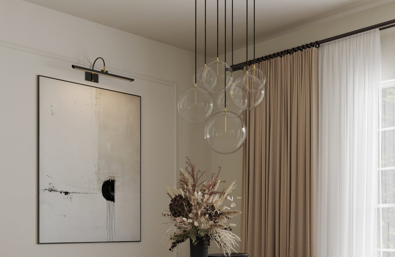 Cluster of glass globe pendants hanging from the ceiling, adding modern style and ambient illumination to a dining space.