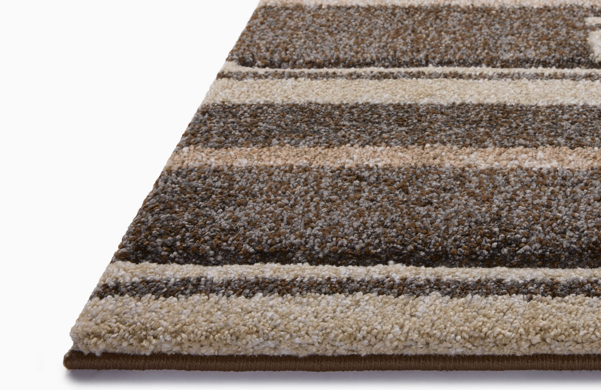 Plush area polypropylene rug with textured, multitone brown and beige stripes, featuring a soft, dense pile and neatly finished edges.