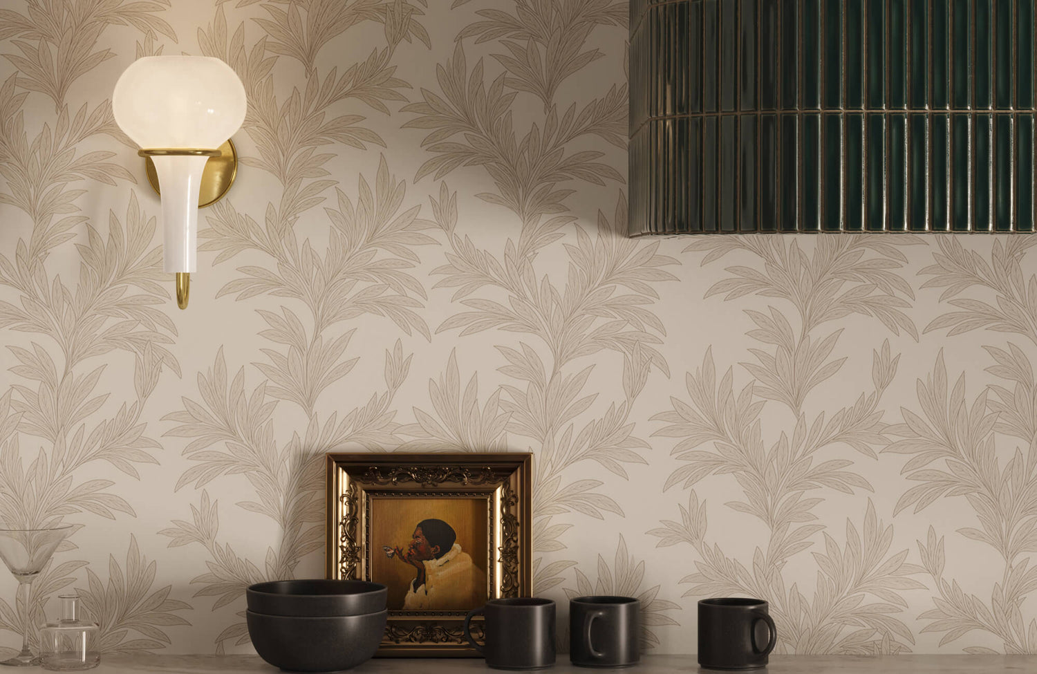 Neutral botanical wallpaper used as a kitchen backsplash backdrop, showing how soft tones and classic leaf patterns create a timeless, adaptable surface that complements marble countertops and decor.