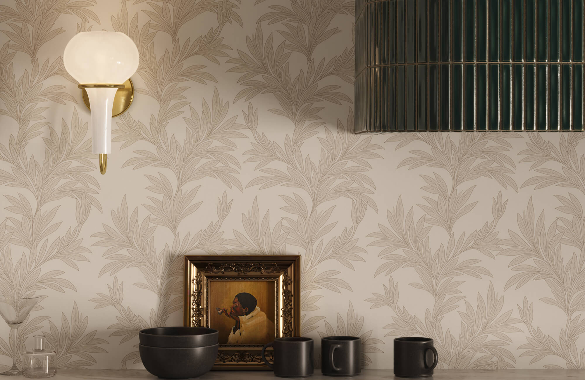 Neutral botanical wallpaper used as a kitchen backsplash backdrop, showing how soft tones and classic leaf patterns create a timeless, adaptable surface that complements marble countertops and decor.
