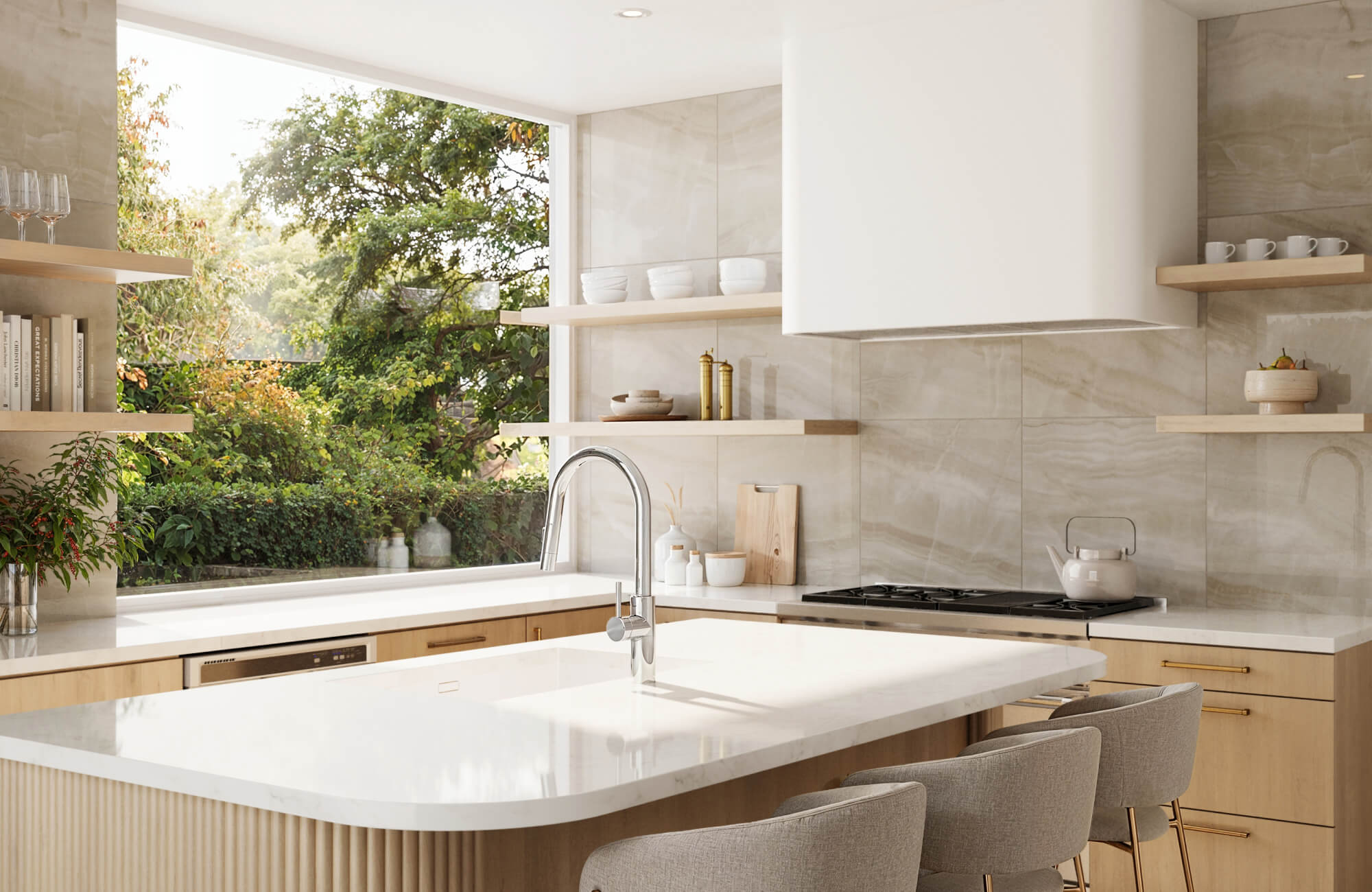 Bright kitchen with large beige marble-look backsplash tiles and minimalist open shelving in light wood tones.