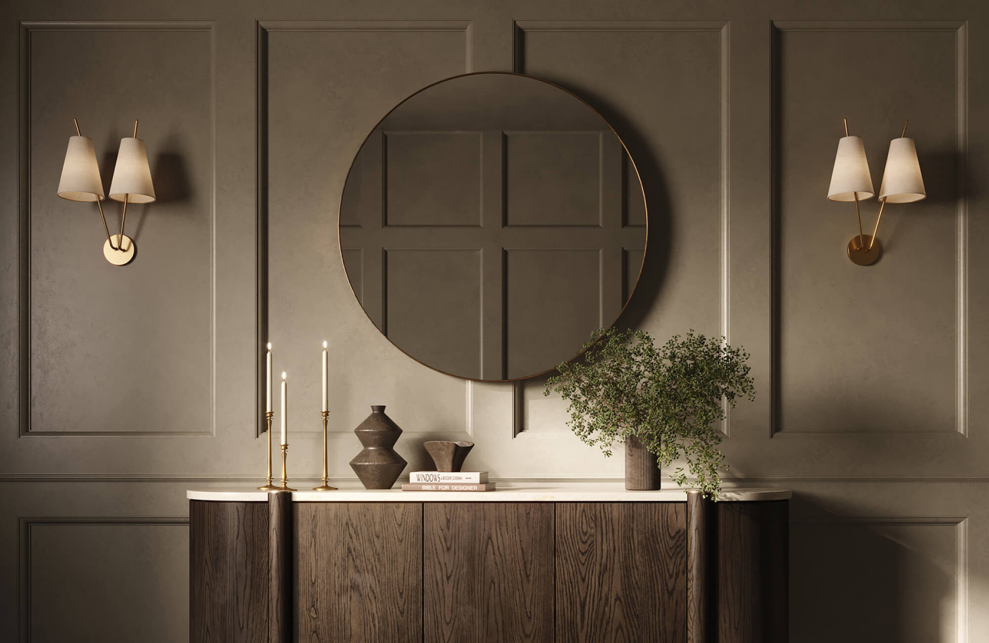 Wall sconces mounted at mid-wall height beside a round mirror, creating balanced lighting across the panelled surface.