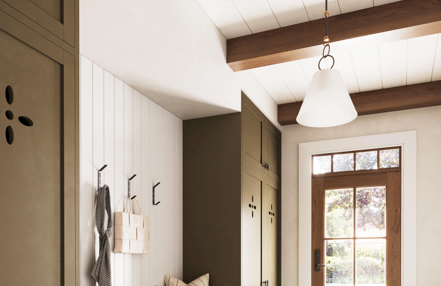 Warm mudroom with olive cabinetry, white shiplap walls, black hooks, and a pendant light with wood ceiling beams.