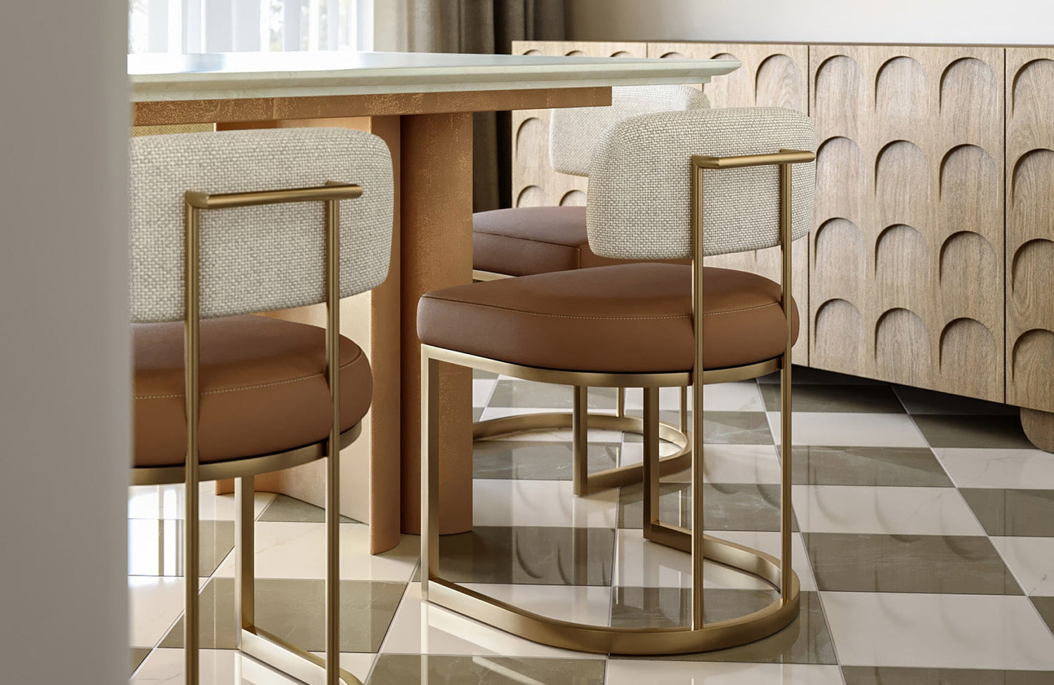 Modern dining area with polished porcelain checkerboard tiles in cream and taupe under gold-framed upholstered chairs.