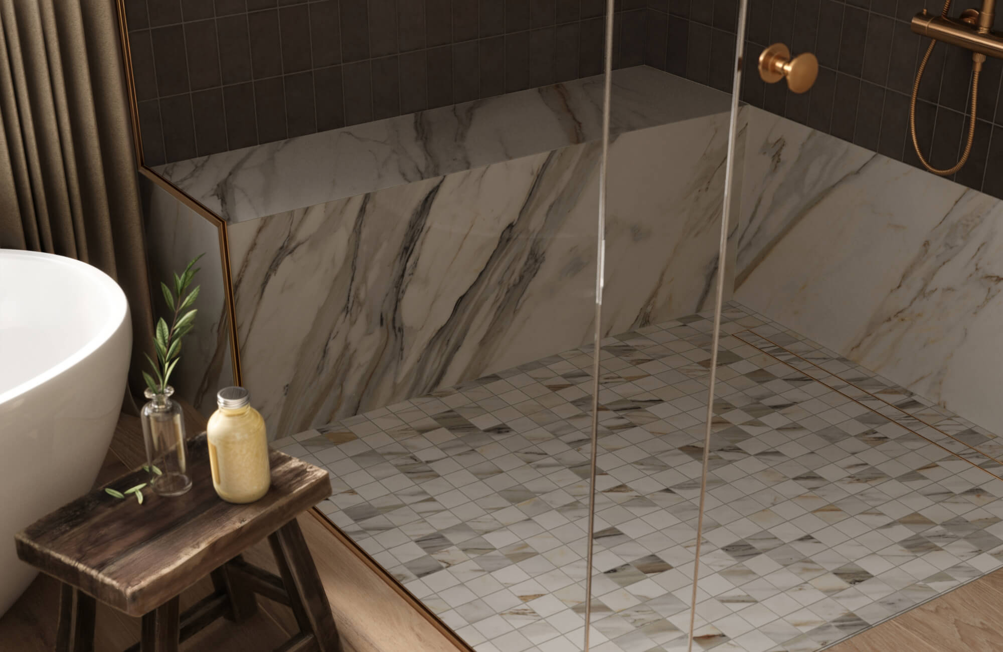 A luxurious bathroom featuring a marble-clad shower bench, mosaic tile flooring for enhanced grip, and gold accents for a touch of elegance.