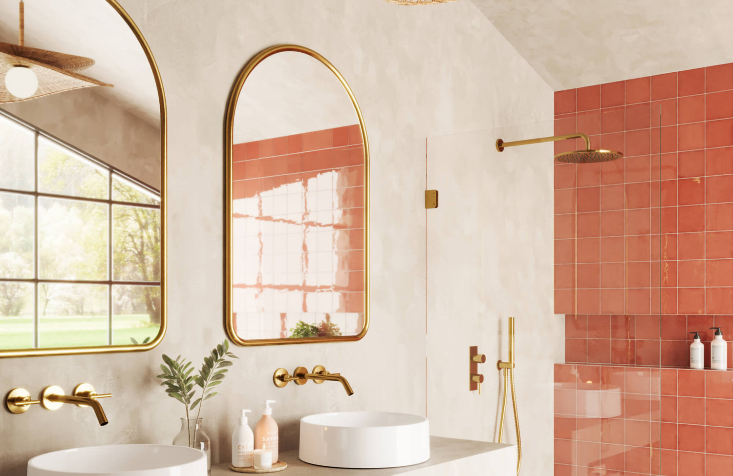 Arched mirror and blush-toned square tiles with a glossy finish add warmth and elegance to this modern bathroom shower wall.