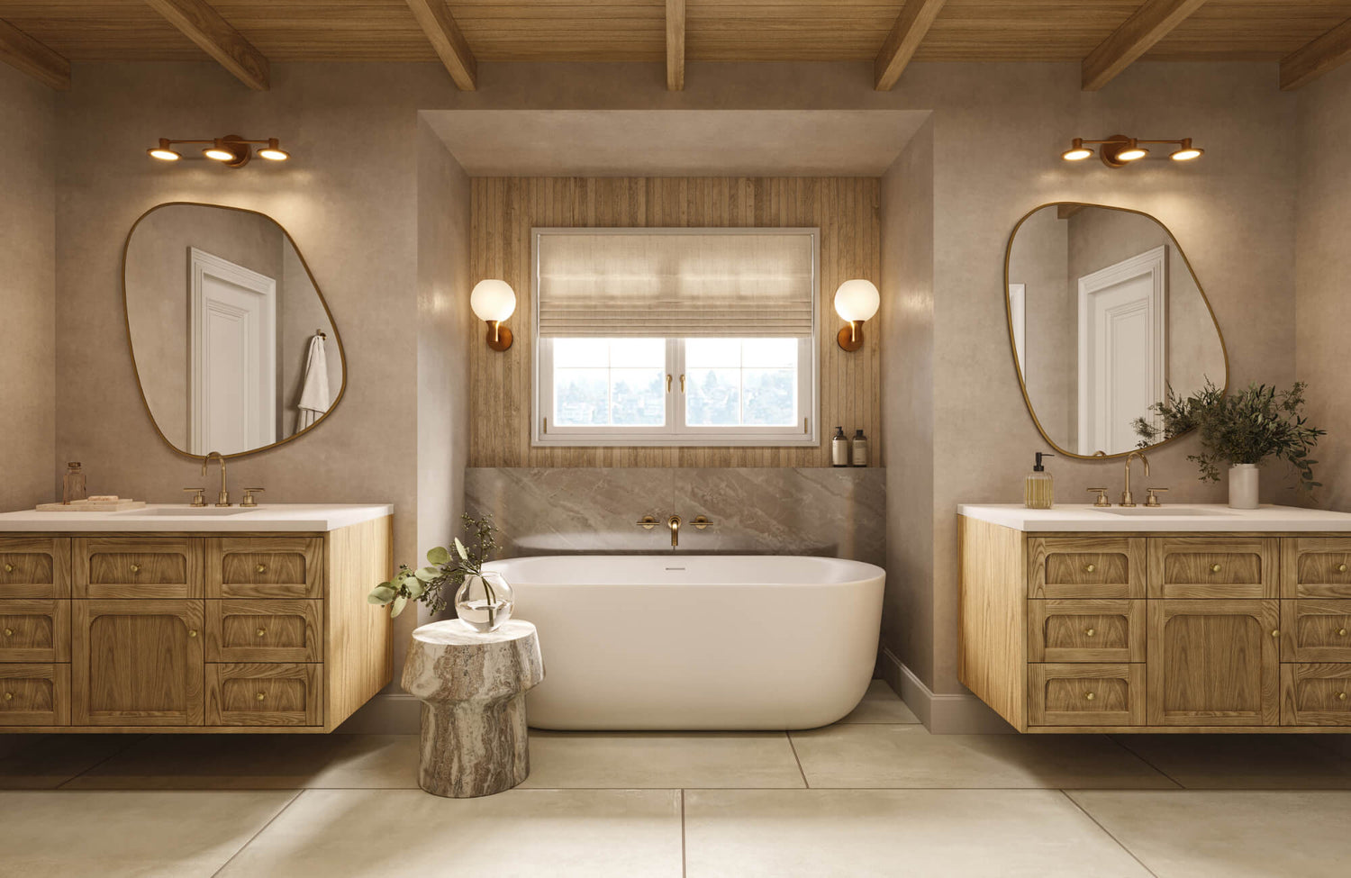 Warm modern bathroom with dual wood vanities, oval mirrors, sconces, freestanding tub, marble backsplash, and window alcove.