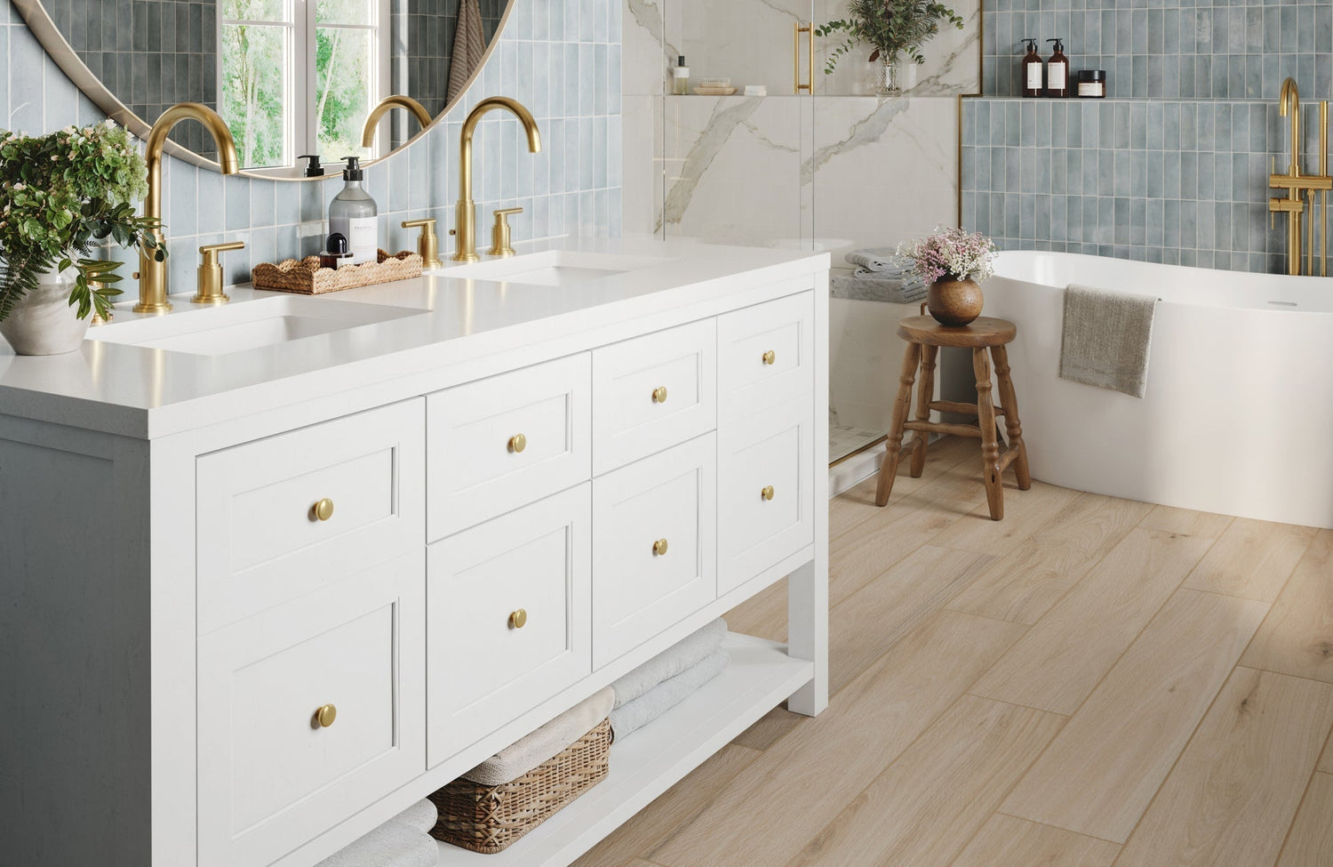 Elegant white double vanity with ample counter space and storage drawers, ideal for medium to large bathrooms.