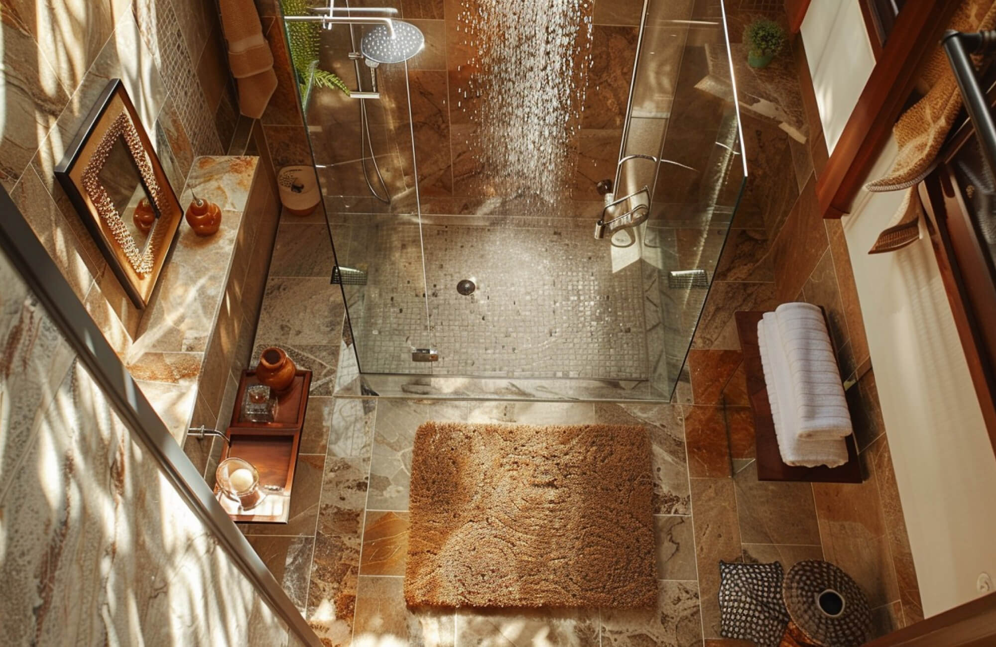 Luxurious walk-in shower with glass doors, rainfall showerhead, and warm-toned stone tiles, styled with soft towels and decor.