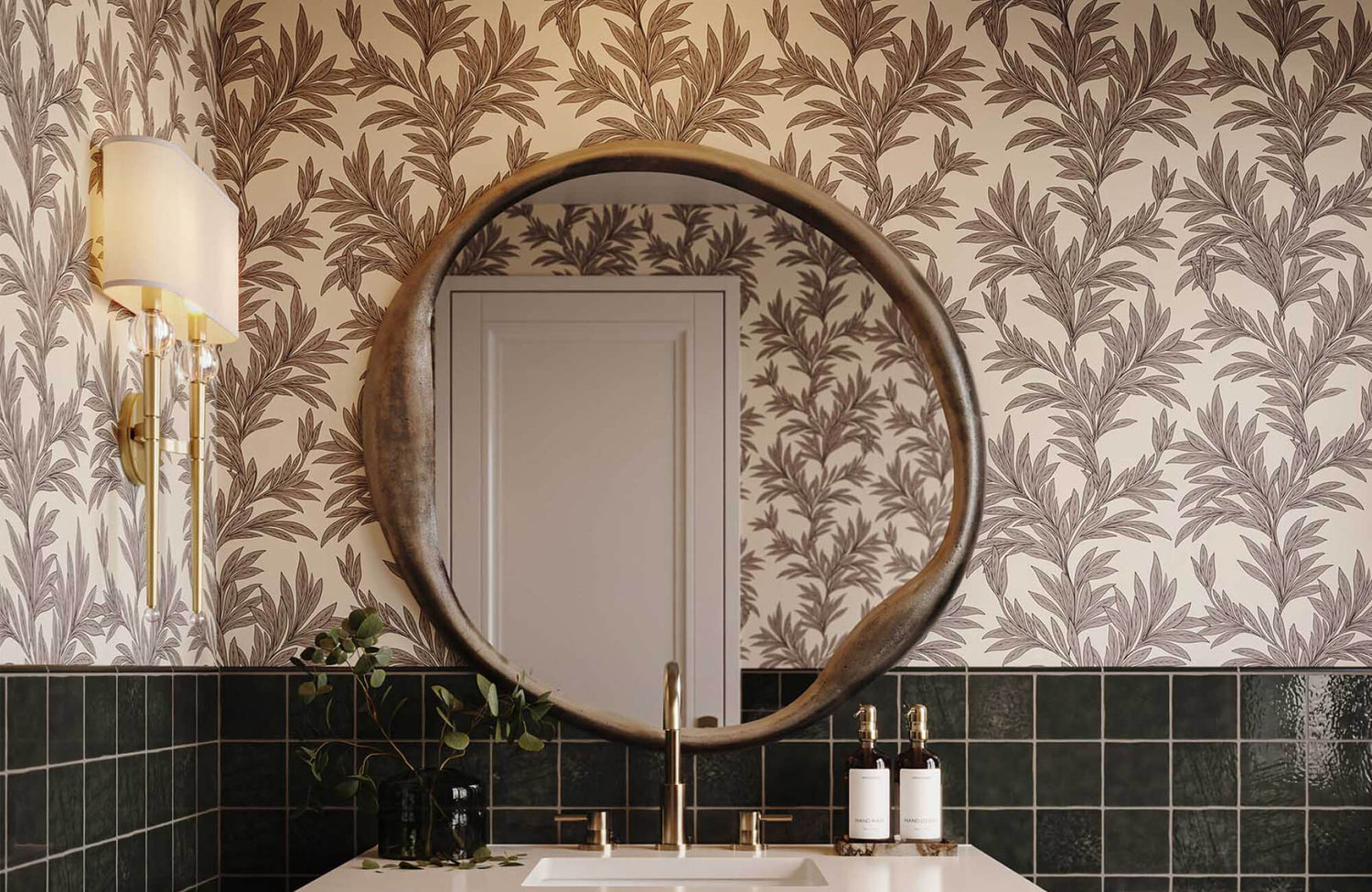Small bathroom styled with light neutral wallpaper featuring soft brown botanical patterns, demonstrating how warm, airy tones and delicate designs can make a small room feel more open and inviting.