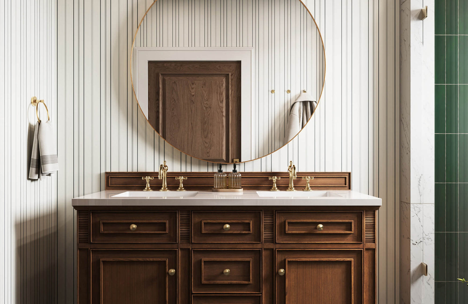 Vertical striped wallpaper in a small bathroom draws the eye upward, enhancing wall height and making the space feel more open.