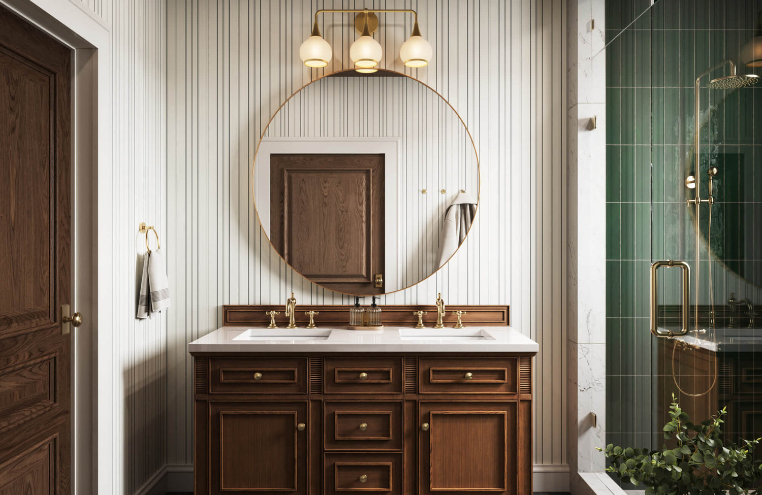 White vertical textured wallpaper with fine stripe detail sits behind a warm brown wood vanity and round gold mirror, giving the bathroom a clean but layered look.