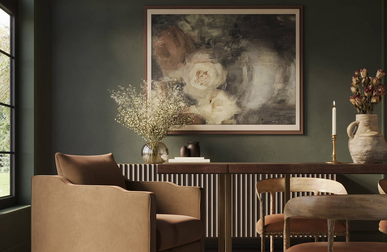 Large framed artwork centered above console table at proper eye level for balanced wall placement