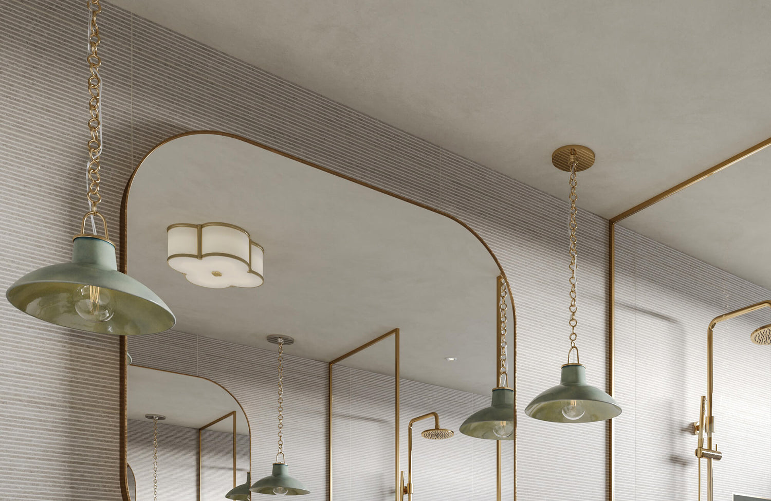Slim horizontal bathroom tiles in soft gray complement brass fixtures, arched mirrors, pendant lights, and a floral flush mount.